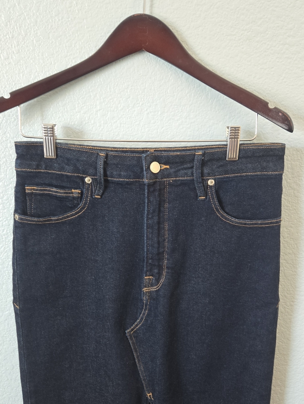 GOOD AMERICAN Slit Front Midi Jean Skirt Dark Blue Indigo 5 Pocket Sz 12 / 31 - Picture 3 of 11